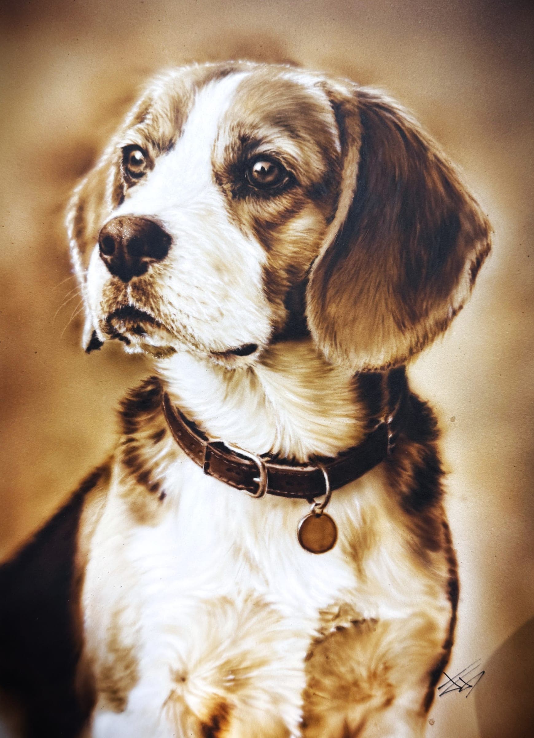 Beagle en Sepia — Aerografía sobre panel de aluminio